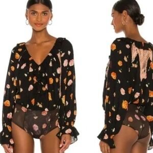 Free People Black Floral V-Neck Ruffle Bodysuit